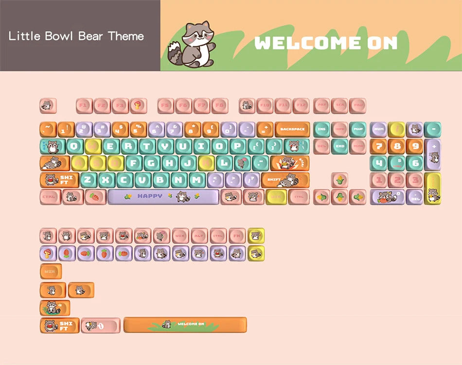 126 Keys MOA Profile Colorful Dogs & Raccoon Theme PBT Keycaps - Keebookeys