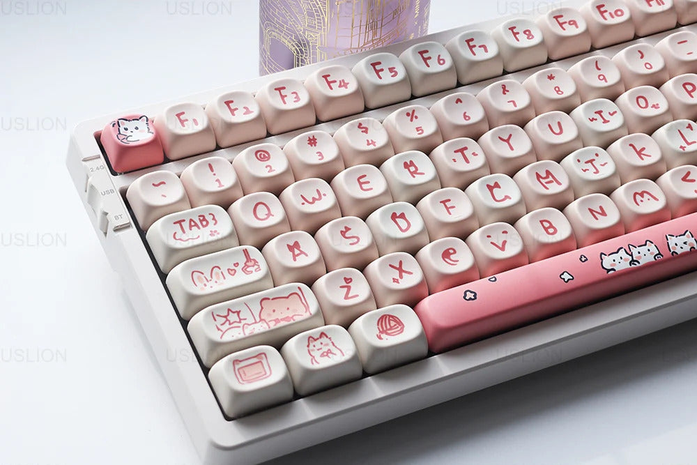 139 Keys Pink Meow Cat Theme MOA Profile PBT Keycaps - Keebookeys