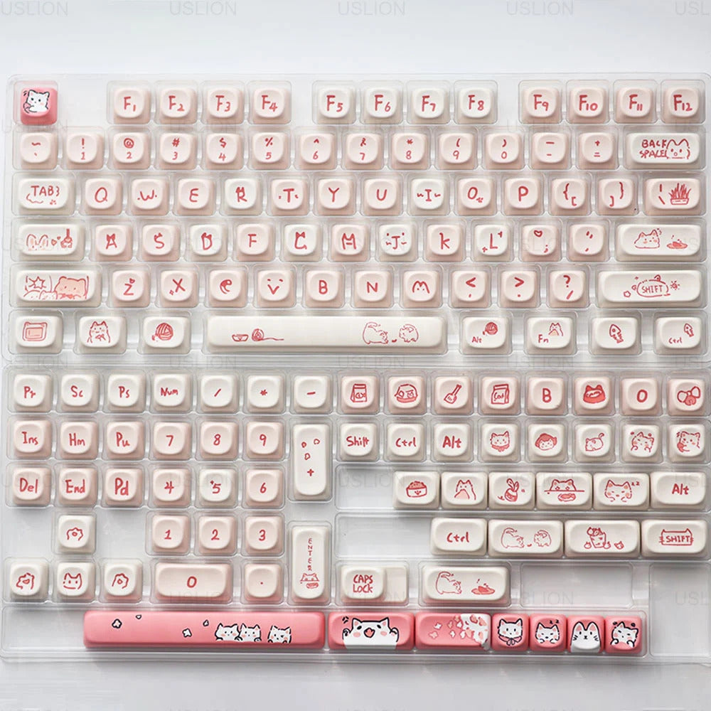 139 Keys Pink Meow Cat Theme MOA Profile PBT Keycaps - Keebookeys