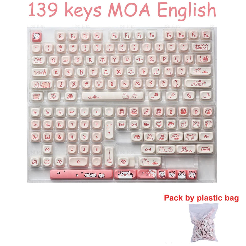 139 Keys Pink Meow Cat Theme MOA Profile PBT Keycaps - Keebookeys