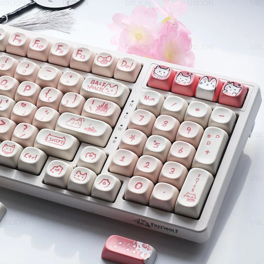 139 Keys Pink Meow Cat Theme MOA Profile PBT Keycaps - Keebookeys