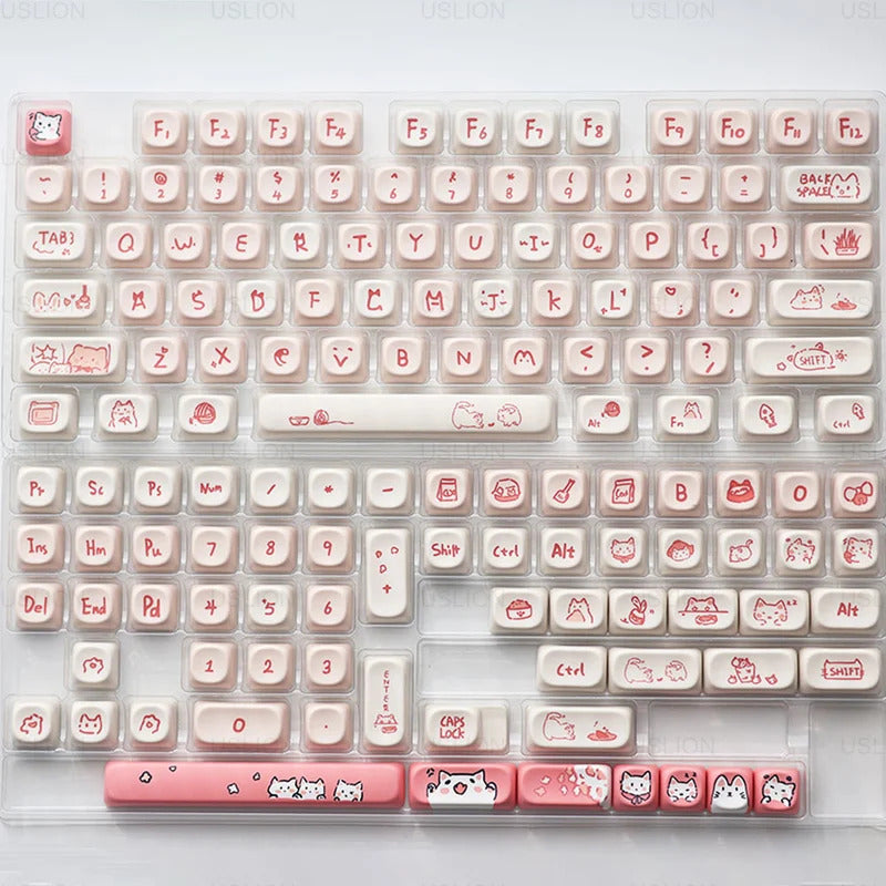 139 Keys Pink Meow Cat Theme MOA Profile PBT Keycaps - Keebookeys