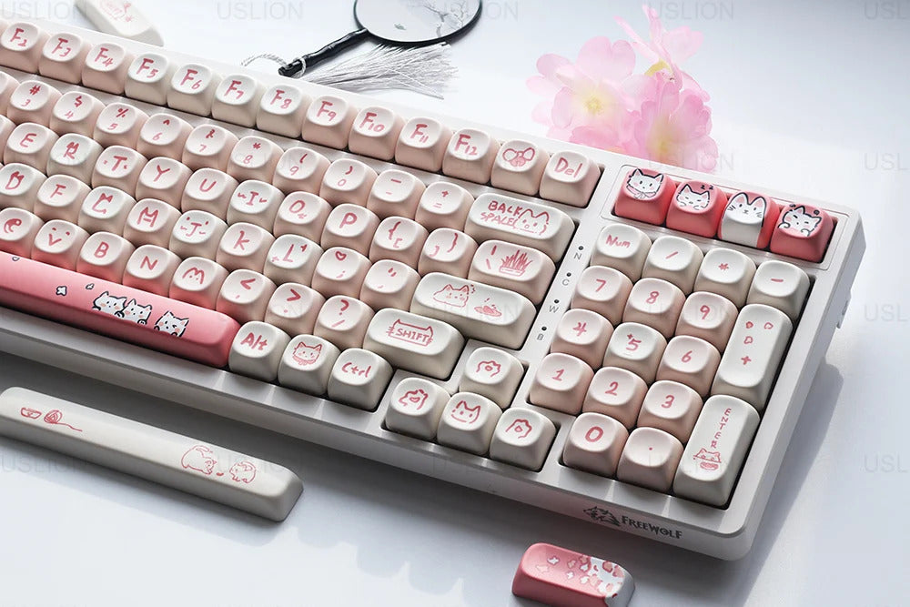 139 Keys Pink Meow Cat Theme MOA Profile PBT Keycaps - Keebookeys