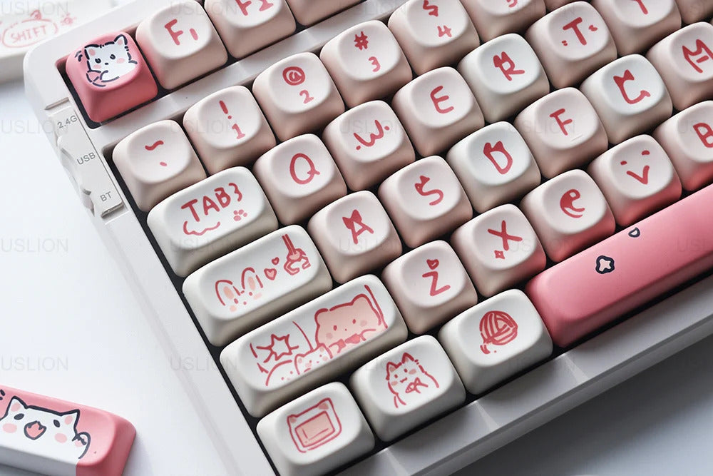 139 Keys Pink Meow Cat Theme MOA Profile PBT Keycaps - Keebookeys