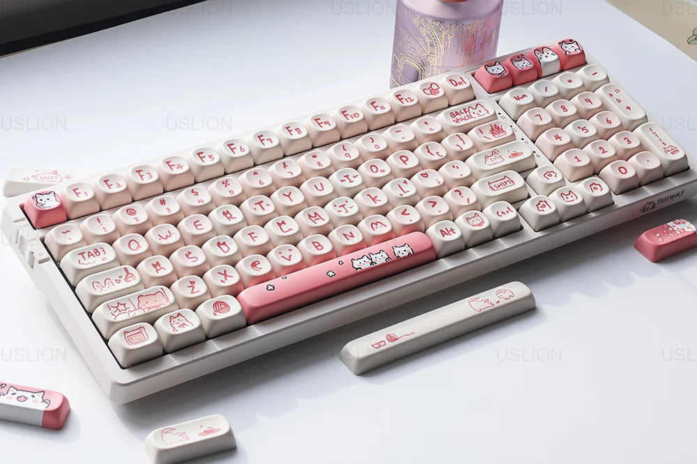 139 Keys Pink Meow Cat Theme MOA Profile PBT Keycaps - Keebookeys