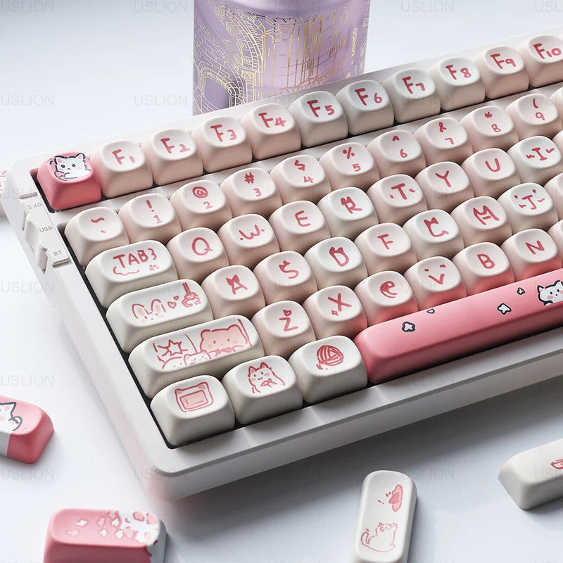 139 Keys Pink Meow Cat Theme MOA Profile PBT Keycaps - Keebookeys