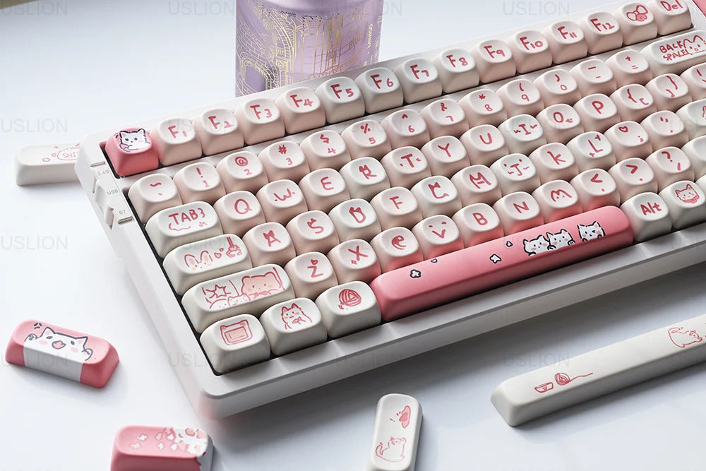 139 Keys Pink Meow Cat Theme MOA Profile PBT Keycaps - Keebookeys