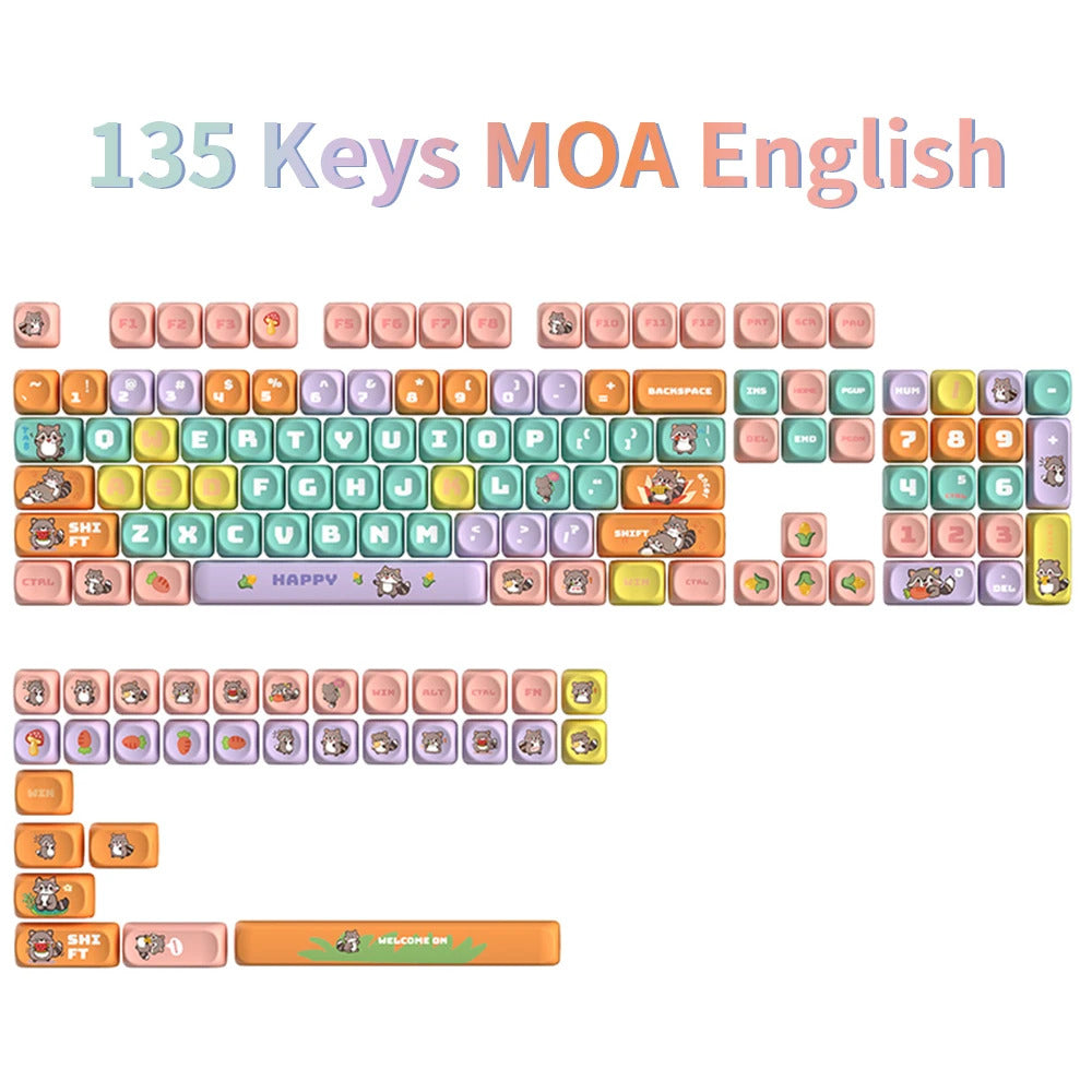 126 Keys MOA Profile Colorful Dogs & Raccoon Theme PBT Keycaps - Keebookeys