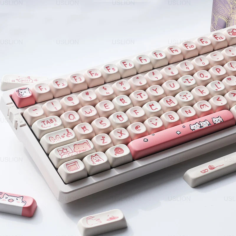 139 Keys Pink Meow Cat Theme MOA Profile PBT Keycaps - Keebookeys